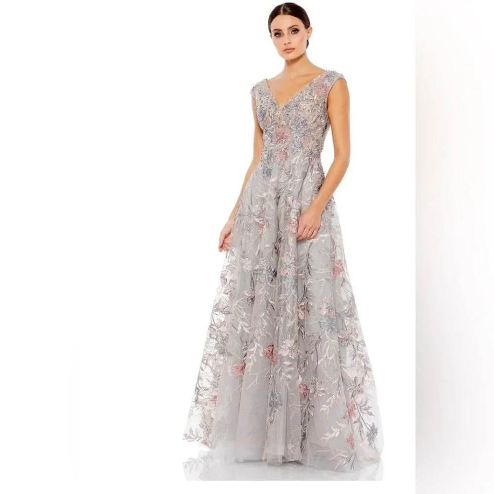 NWT MAC DUGGAL EMBROIDERED ILLUSION CAP SLEEVE A LINE GOWN SILVER 20263 - Picture 1 of 8